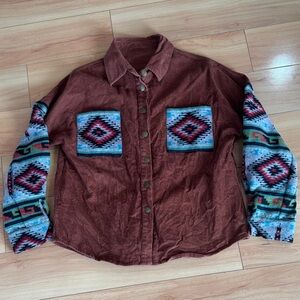 Brown Corduroy Jacket with Aztec/Western Patterned Sleeves & Pockets